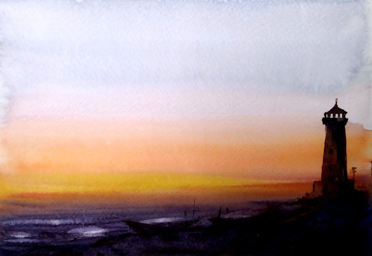 Impressionistic Landscape Watercolour By Samiran Sarkar, 8 X 6", Lighthouse At Sunset, Original Artwork