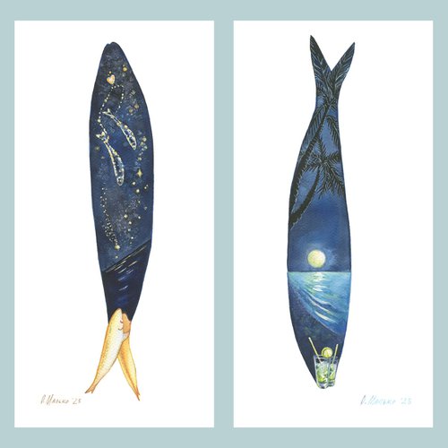 Love under the Sardines Constellation 20x42cm (8x16.5in). Two moonlight mojitos 20x42cm (8x16.5in). Set from the series My Sardines / ORIGINAL art Fish picture by Olha Malko