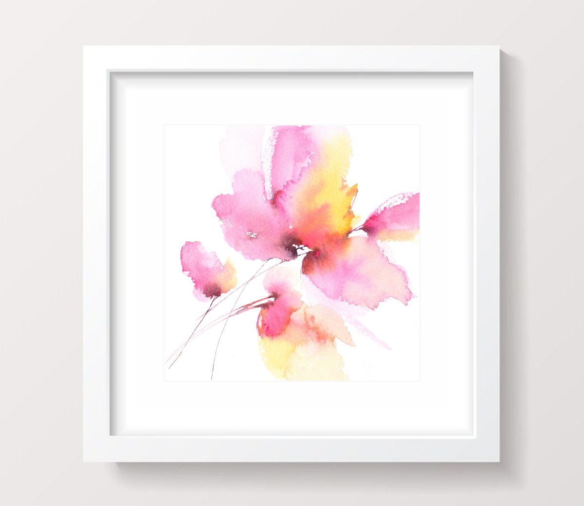 Abstract pink flower painting, small watercolor art by Olya Grigo