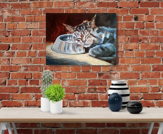 Night Watch, Cat Oil Painting Maine Coon Original Art Funny Sleeping Cat Artwork Pet Portrait Wall Art 40x30 cm