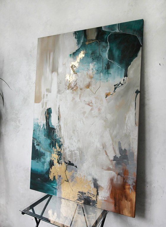 "Teal bloom" Emerald green gold abstract art
