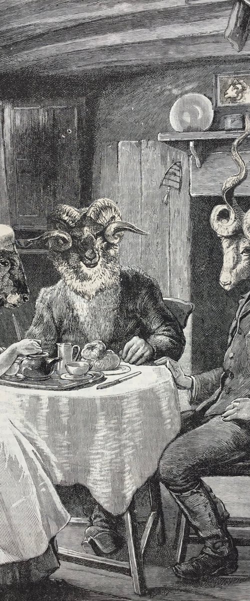 Sheep, Goat and Bull at Tea by Tudor Evans