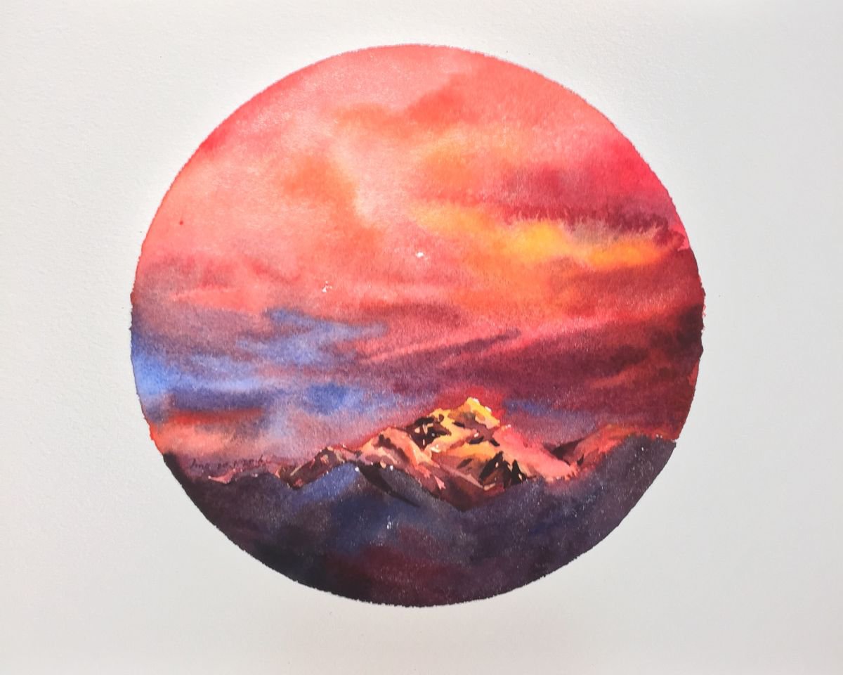 Impressionistic Landscape Watercolour By Jing Chen, 15 X 11, Crimson Sunset, Original Artwork
