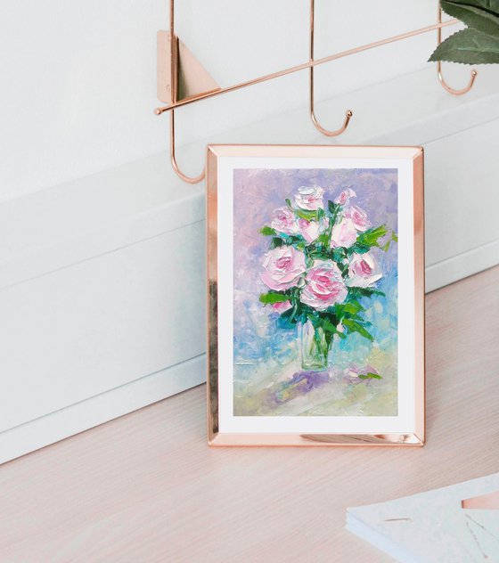 Pink Rose Painting Original Art Small Bouquet Artwork Flower Wall Art Floral Mini Oil Painting