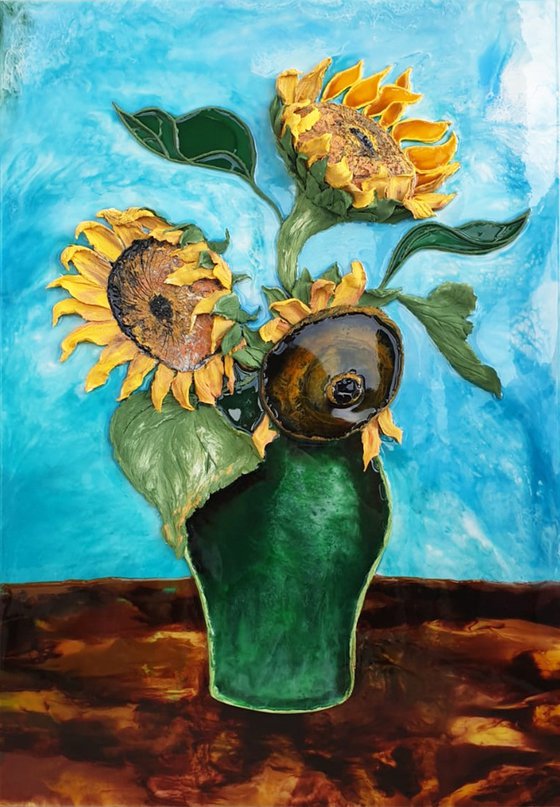 Yellow sunflowers in a vase - bright flowers in a large luxurious painting, turned from a Van Gogh bouquet in vase painting into a bas-relief epoxy art, 70x100x8 cm.