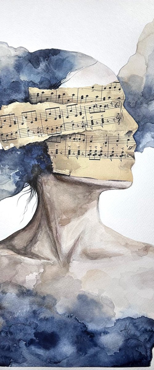 Immersion Blue Sheet Music Abstract Portrait by Julia Shilo