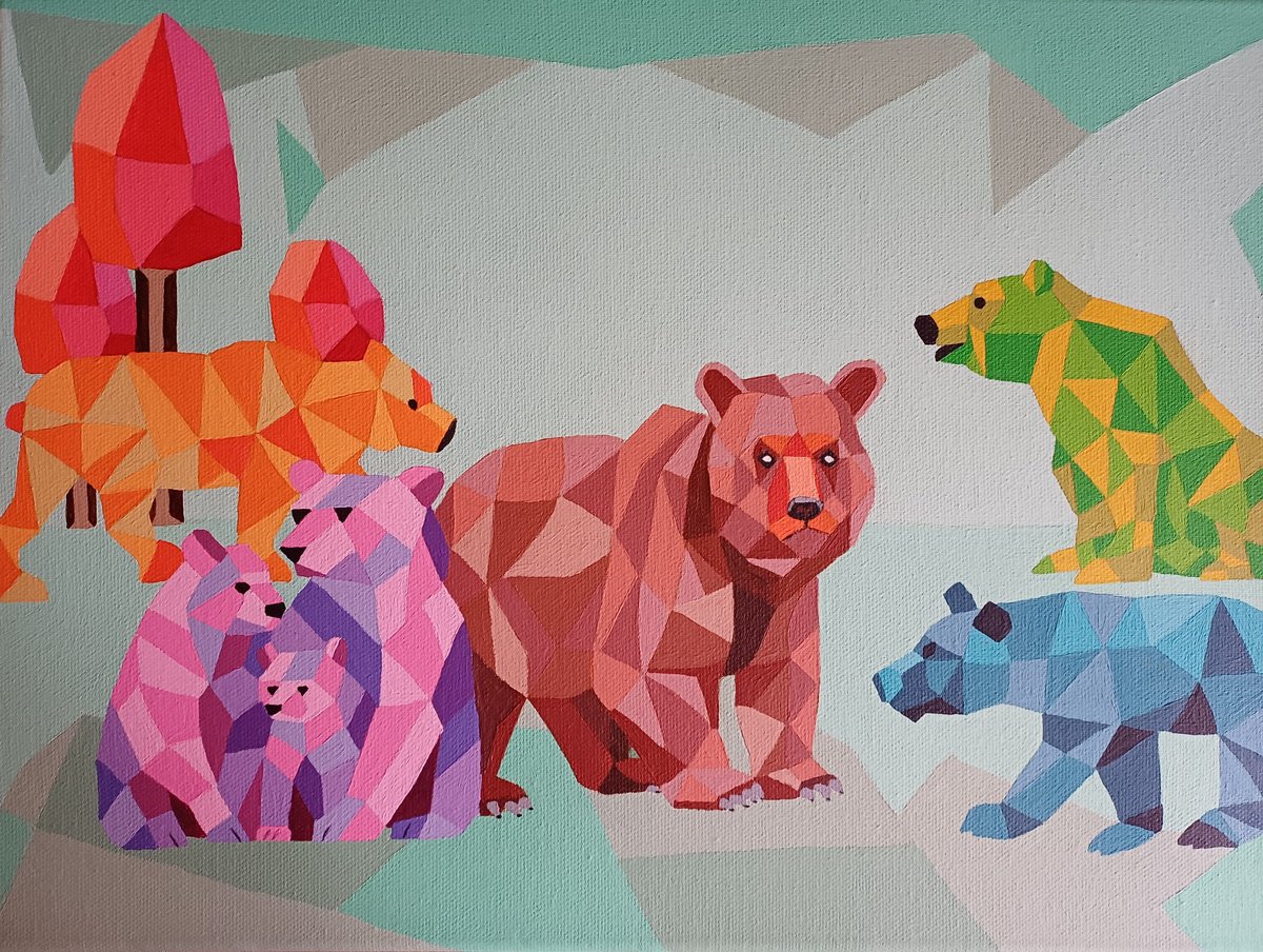 Geometric Animal Acrylic Painting By Corinne Hamer, 16 X 12, Bears, Original Artwork