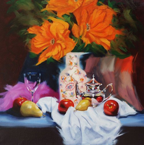poppies with fruit & silver coffee pot by mauro ispani
