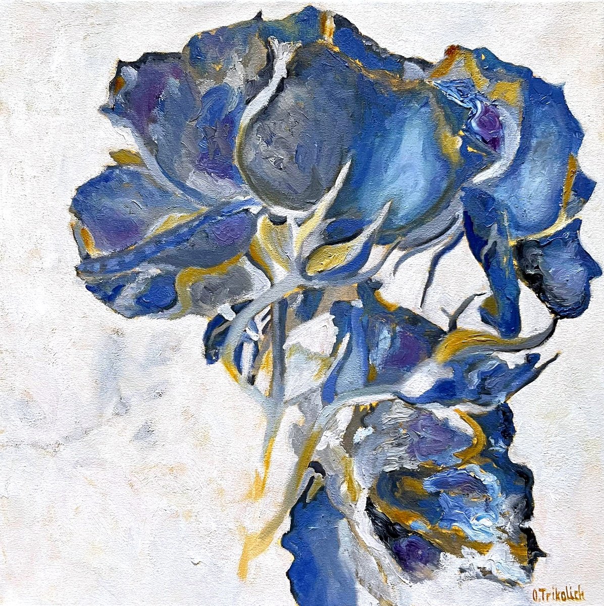 Impressionistic Botanical Oil Painting By Olha Trykolich, 16 X 16", Blue Queen, Original Artwork