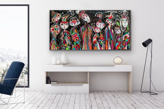 71''x 35''(180x90cm), Friends 50, family, bright urban ,pop art ready to hang, colorful canvas art  - xxxl art - abstract art painting- extra large art- mixed media