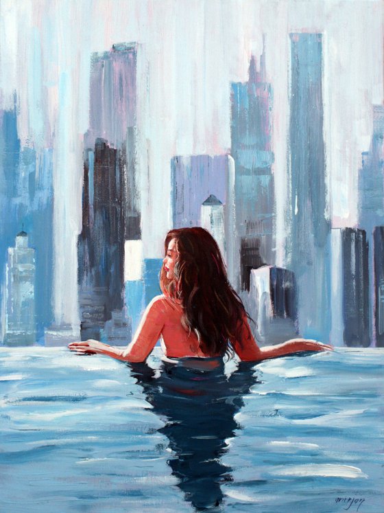 "MY TOWN ... " ORIGINAL PAINTING , GIFT,WOMAN, OIL ON CANVAS, CITYSCAPE