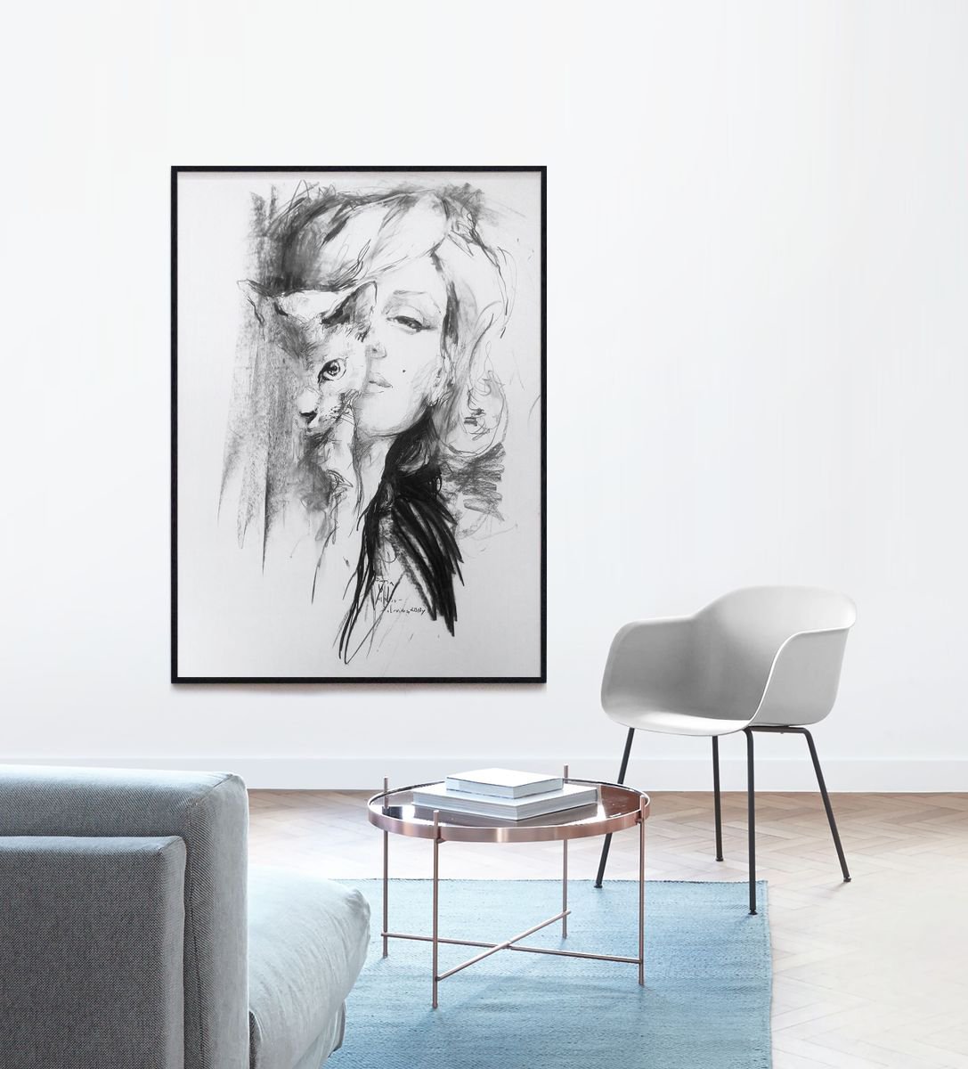 XL BIG Marilyn Monroe portrait with cat /Charcoal Modern Expressive ...