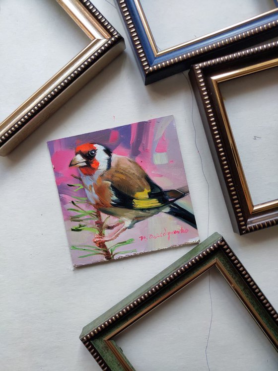 Original painting of birds 4x4, Goldfinch bird painting in blue frame, Framed art small birds