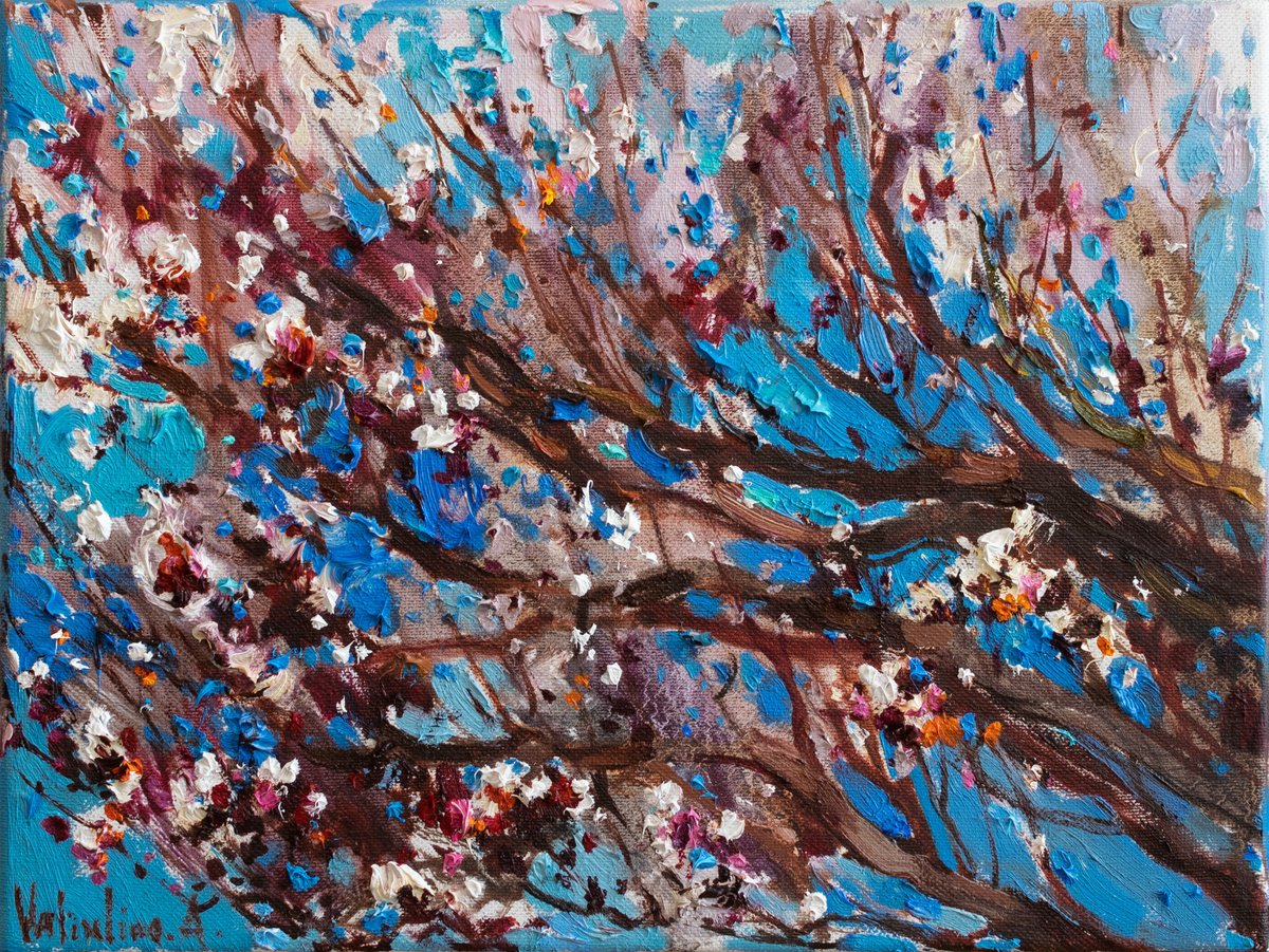 Impressionistic Botanical Oil Painting By Anastasiia Valiulina, 16 X 12, Flowering Apricot Tree, Original Artwork