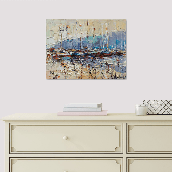 Sailing yachts in marina  Original seascape painting