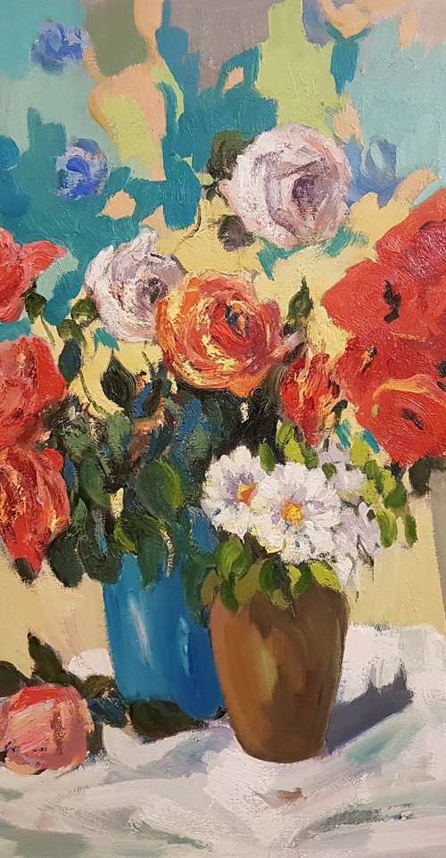 Flowers on a white table cloth by Hrachya Hakobyan