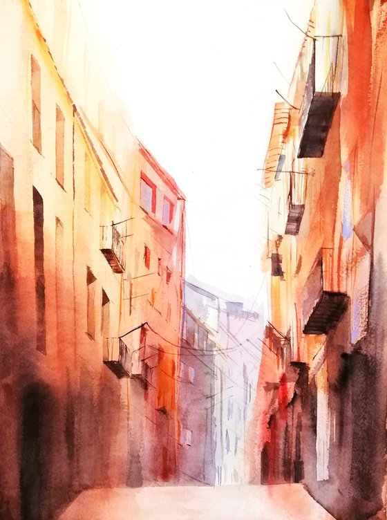 Sunny European Street View Original Watercolor Painting