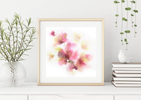 Pink abstract watercolor floral painting "Mallow"