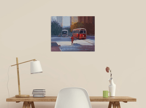 Cityscape with red  tram