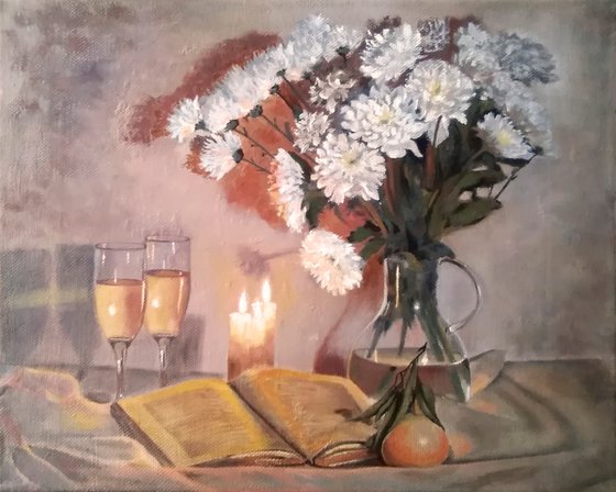 Flowers and candles - painting with white chrysanthemums and a glass of wine