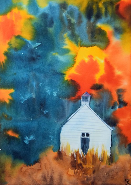 Fall abstract landscape original watercolor painting, cabin autumn forest, housewarming gift by Kate Grishakova