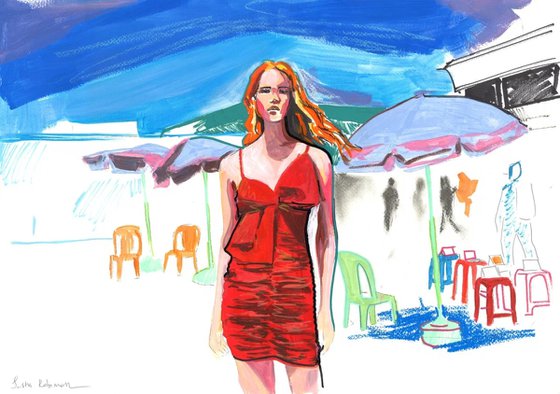 Woman in Red Dress at Outdoor Café