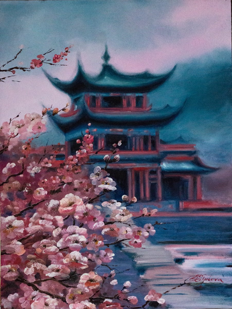 Impressionistic Landscape Oil Painting By Tetiana Tiplova, 20 X 28", In A Japanese Garden, Original Artwork