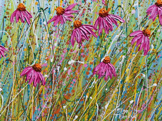 Pink Echinacea- Textured Floral Painting, Palette knife art