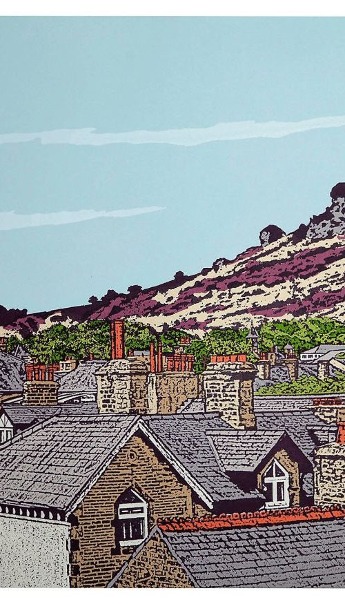 Ilkley rooftops to Cow and Calf - (Plum) by Talia Russell