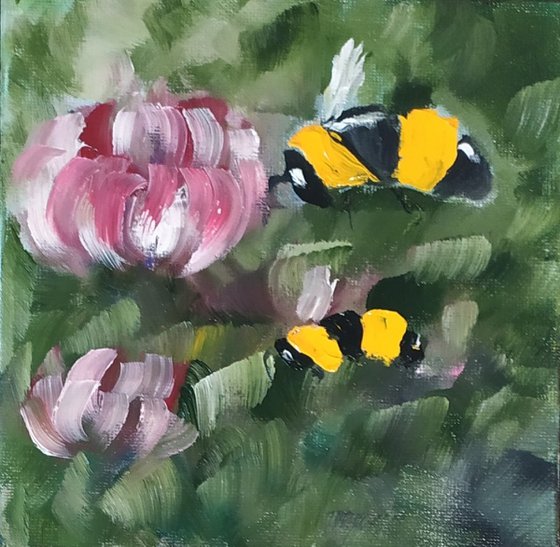 Bees, small framed oil painting, flower, gift idea, art for home