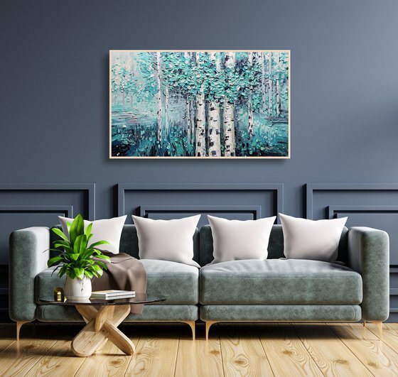 Teal Afternoon - Tree Painting On Canvas, Framed wall art, Teal blue Blomming painting, Heavy Textured art