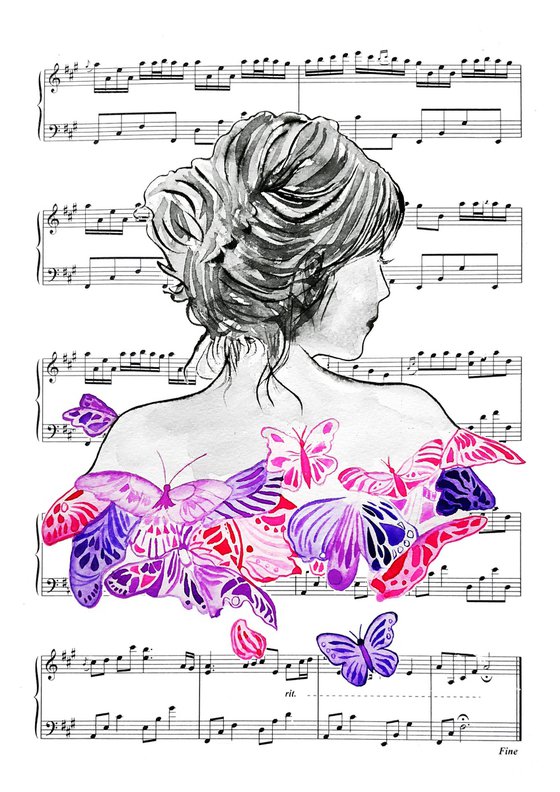 Music flies, watercolor on sheet music