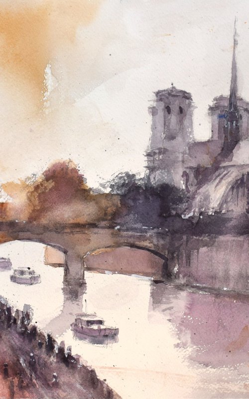 Sunset by the Notre-Dame,Paris by Goran Žigolić Watercolors