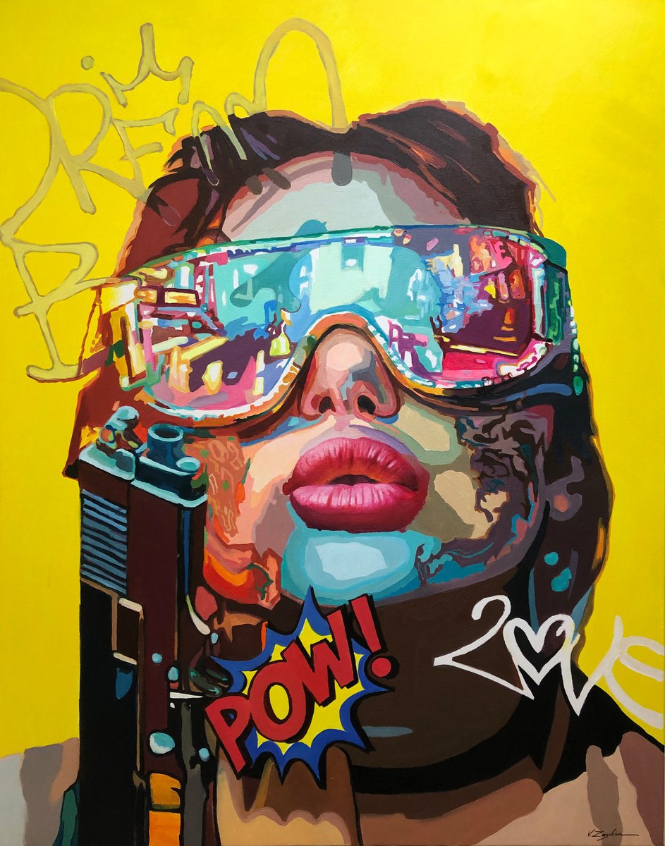 Urban And Pop Still Life Oil Painting By Viacheslav Zaykin, 35 X 46", The Last Kiss.| Pop Art Gun Girl, Original Artwork