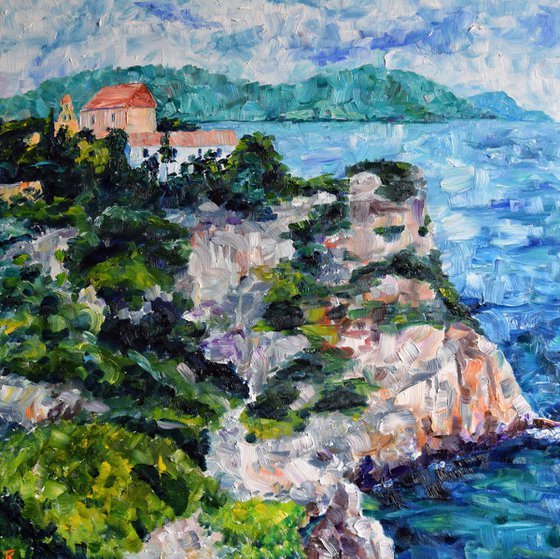 Greece island seascape large oil painting on canvas, monastery on mountain, coastal home decor