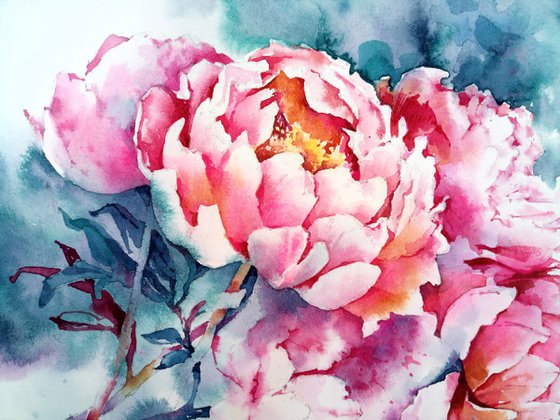 Abstract watercolor painting "Pink peonies" square format