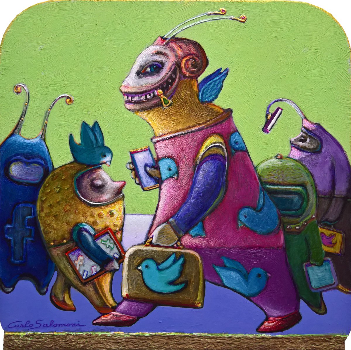 Urban And Pop Portrait Painting By Carlo Salomoni, 11 X 11, Mr Chirpbook