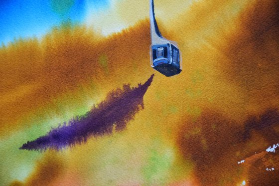 Mountain cable car watercolor painting, volcano landscape original artwork