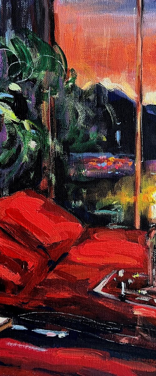 Interior with Red Couch, Candles and Champagne. Los Angeles Cityscape by Victoria Sukhasyan