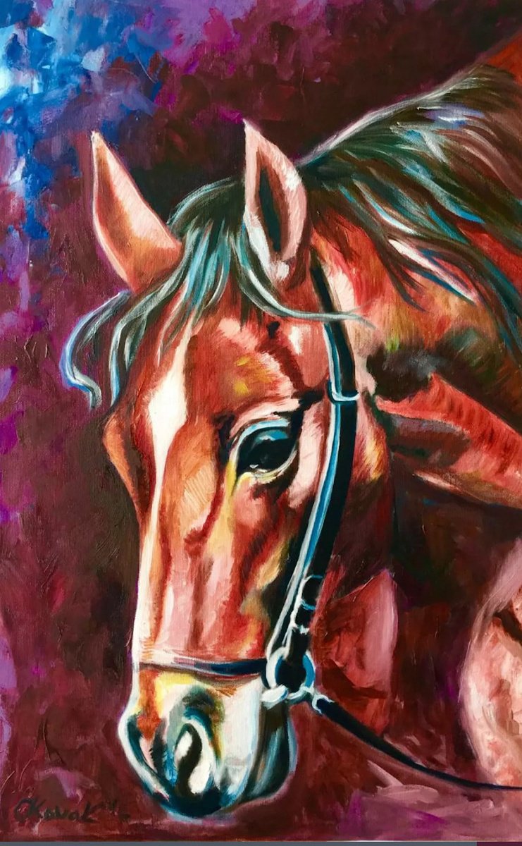Impressionistic Animal Oil Painting By Olga Koval, 16 X 24", Red Horse., Original Artwork