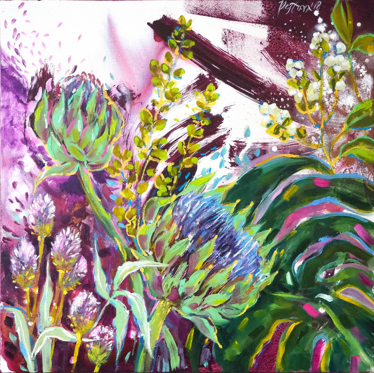 Monstera and Artichokes on violet II by Jenya Pestova
