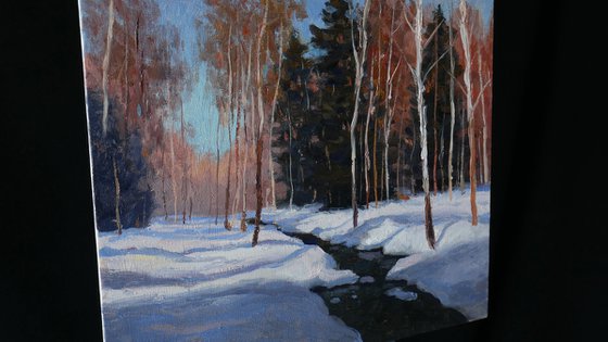 The Forest Brook - original sunny landscape, winter painting