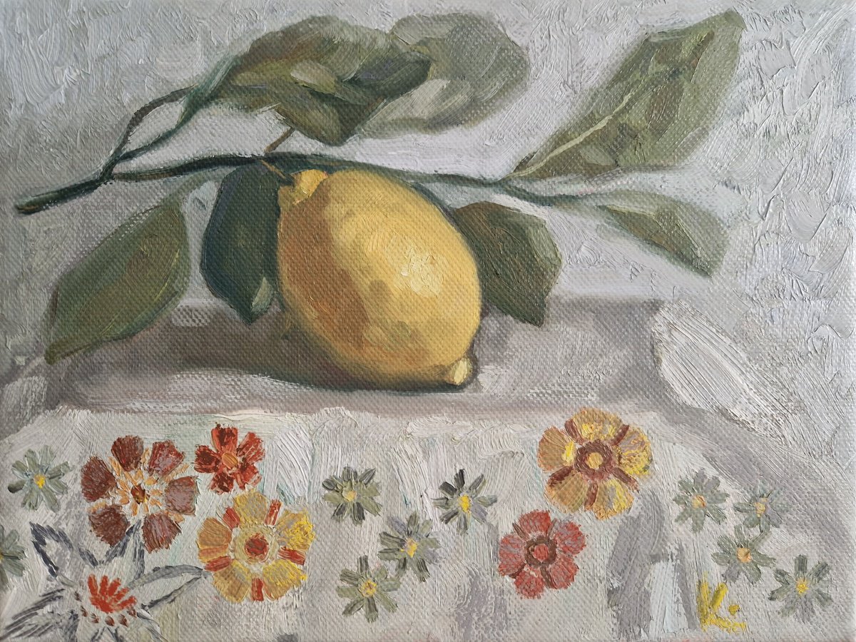 Impressionistic Still Life Oil Painting By Olena Kolotova, 16 X 12", Still-Life With Fruit "Lemon", Original Artwork