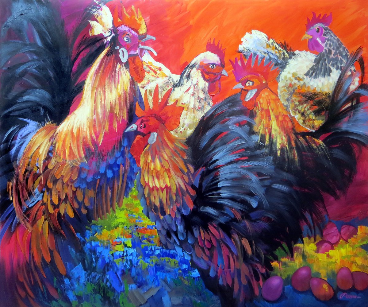 ROOSTERS, 98x78, oil on canvas by Olga Panina