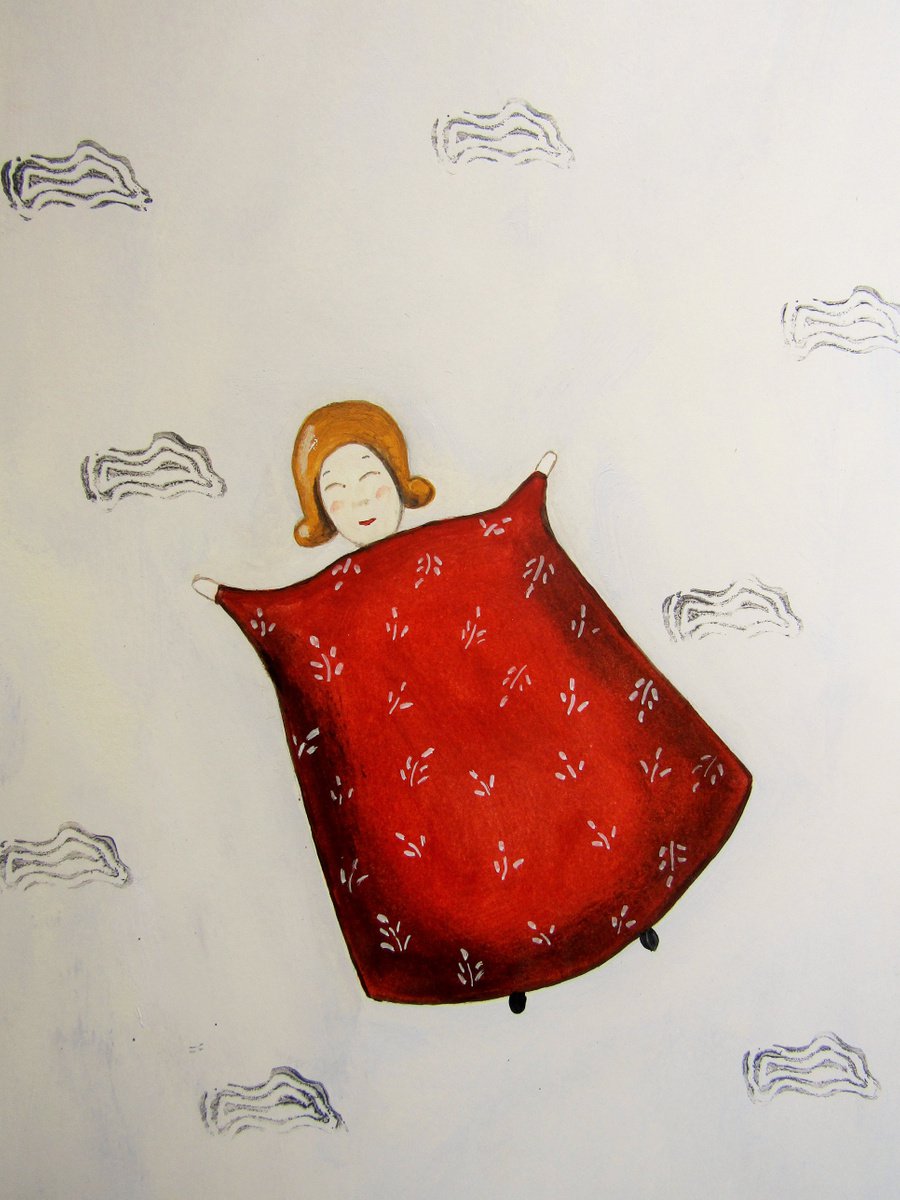 The flying woman in red - oil on paper by Silvia Beneforti