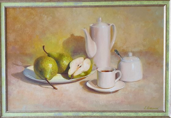 "Evening tea with pears. " still life teapot pear liGHt original painting  GIFT (2020)