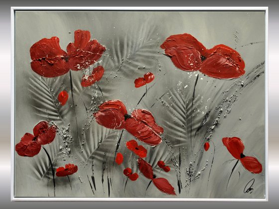 Red Blossoms II - framed abstract acrylic painting, deep structured, canvas wall art, black red flower painting ready to hang