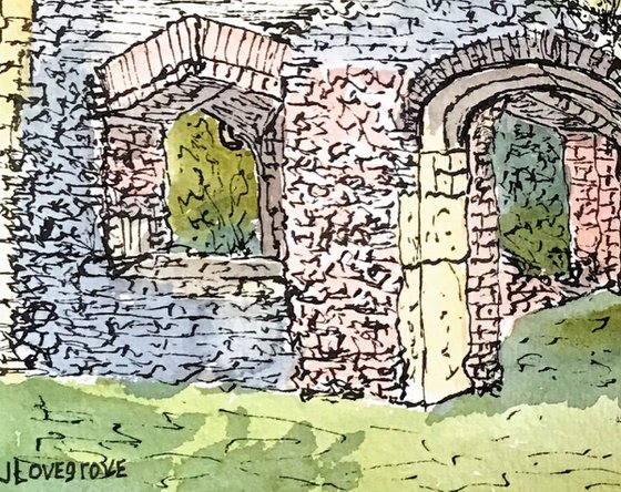 Ancient ruins in the park. An original ink and watercolour painting.