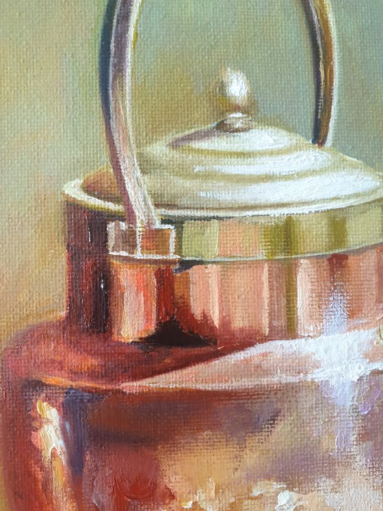 "Still life with grapes and an old exquisite  copper-brass utensil." still life grapes old brass jug summer  liGHt original painting  GIFT (2021)