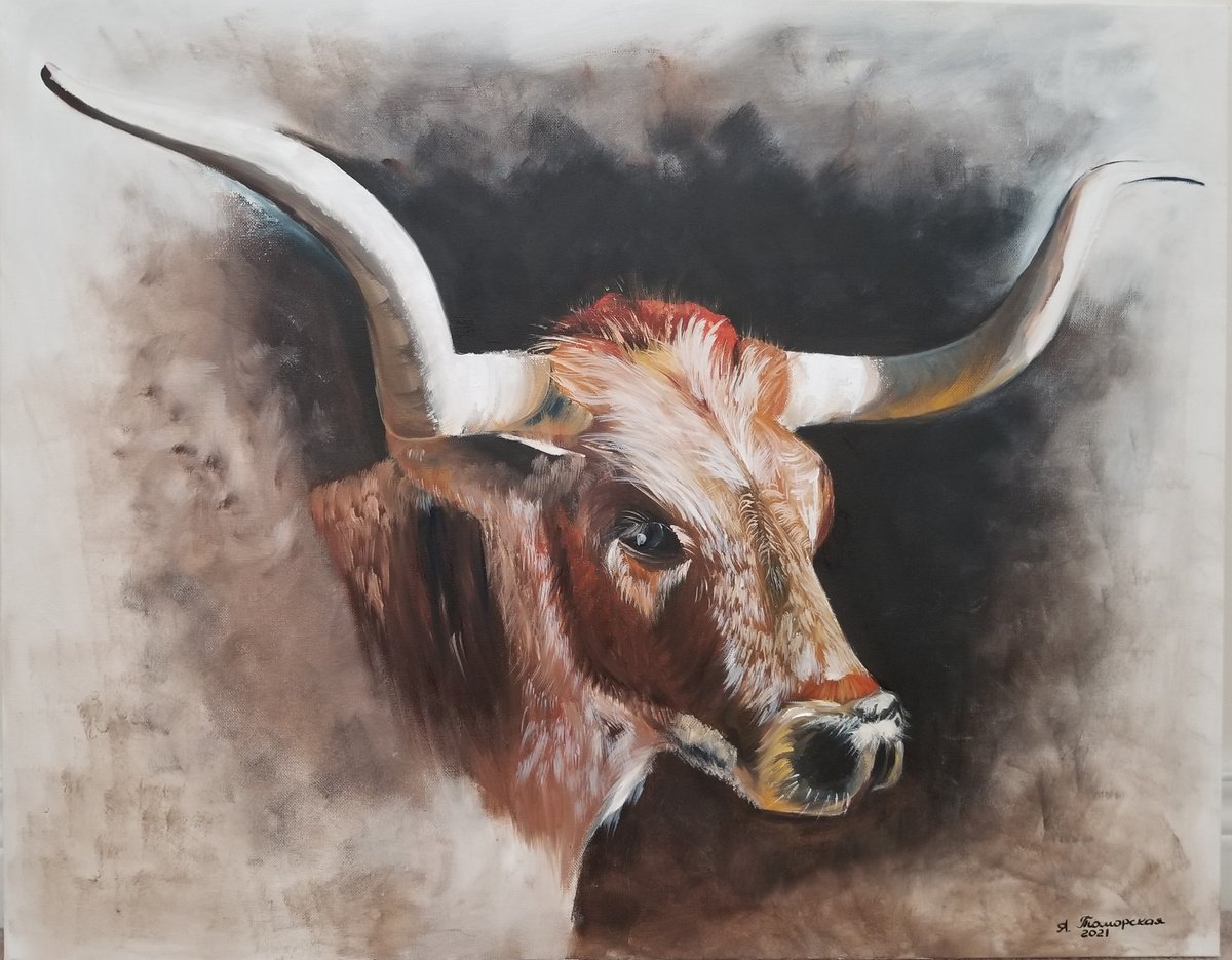 A Bull. An Ox. Chinese Zodiac symbol 2021. Original oil painting on canvas. Realistic pain... by Alexandra Tomorskaya/Caramel Art Gallery